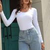 Женская мода повседневный однотонный тонкий топ с длинным рукавом и круглым вырезом
