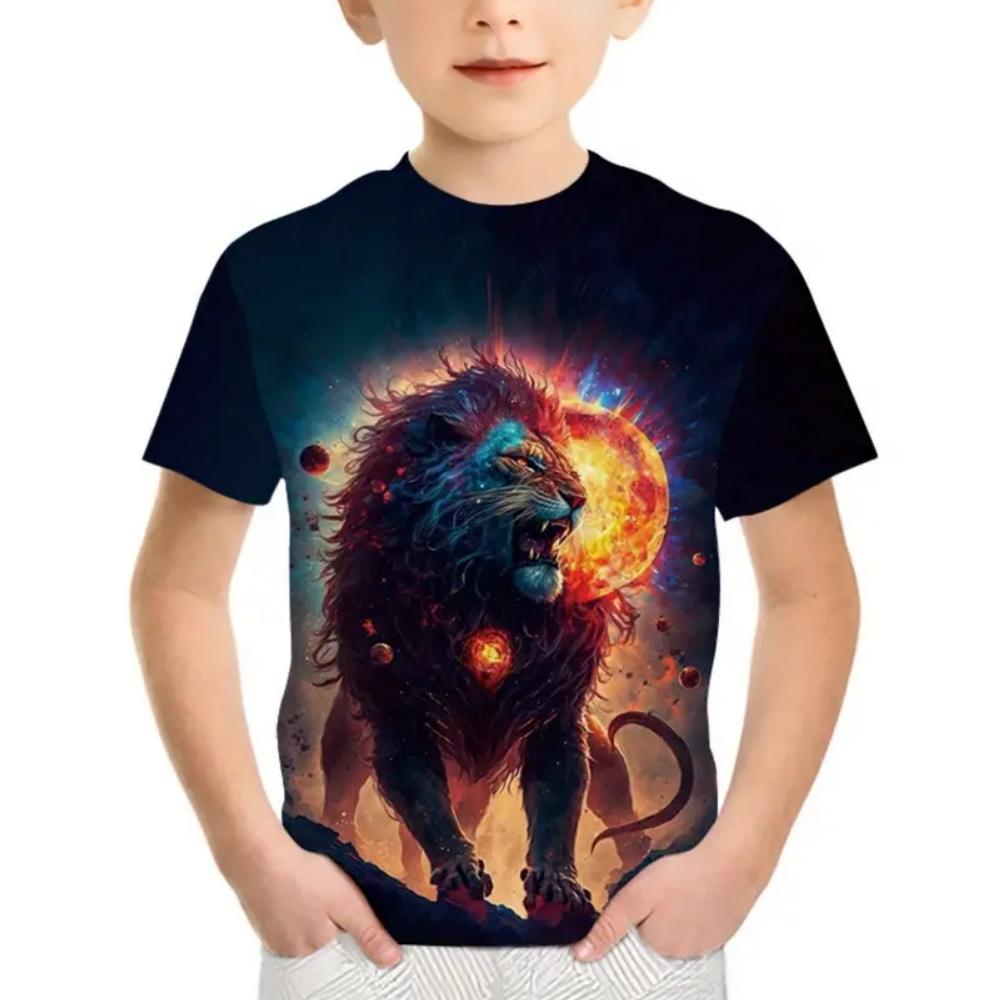 Boys Kids Clothes Print Fierce Lion Graphic T Shirts Summer Outdoor Crew Neck Short Sleeves Casual Outdoor Clothes for Children
