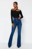 Women's Jeans Fashion New Season Blue Front Buttoned High Waist Flare Jeans