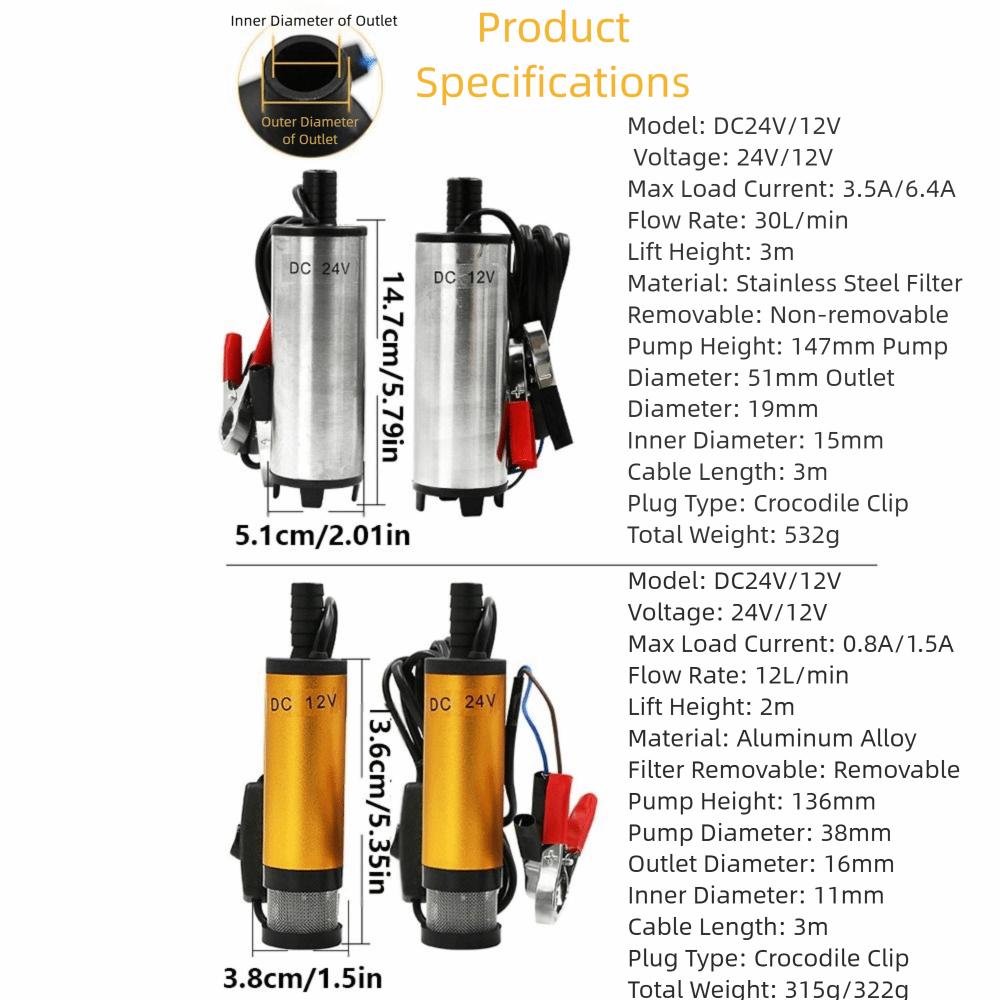 38mm Port Submersible Pump 12V/24V DC Water Oil Transfer Pump Refueling Pump Diesel Transfer