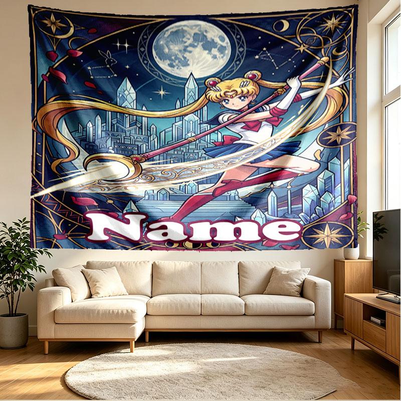 Custom Name Personalized Sailor Moon Print Tapestry, Wall Art Decor, Bedroom, Dorm, Apartment, LivingRoom, Party Backdrop, Gift for Birthday