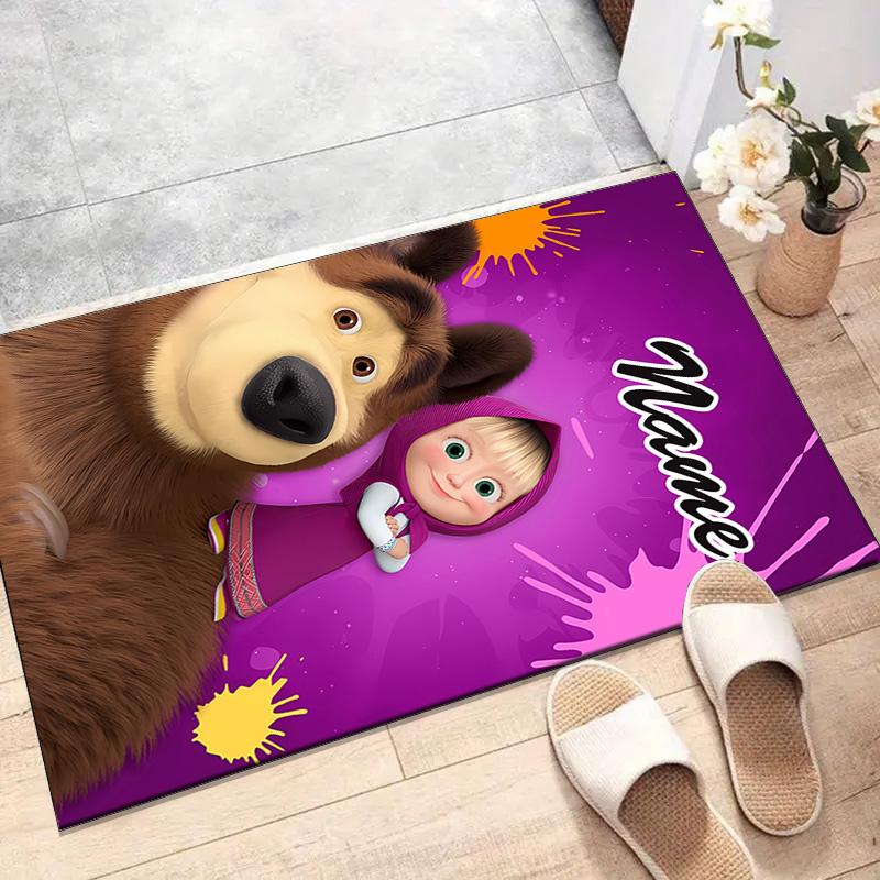 Custom Masha and the Bear Mat Personalized Name, Polyester Washable Indoor Entryway Rug, Gift for Christmas, Easter, Thanksgiving Day