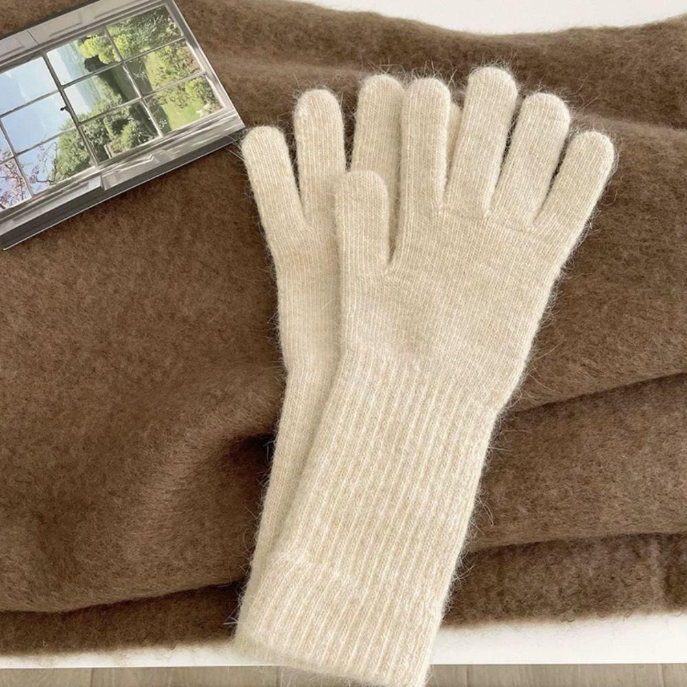 Warm Long Rabbit Fur Gloves Solid Color Full Finger Mittens Plush Driving Gloves Daily Use