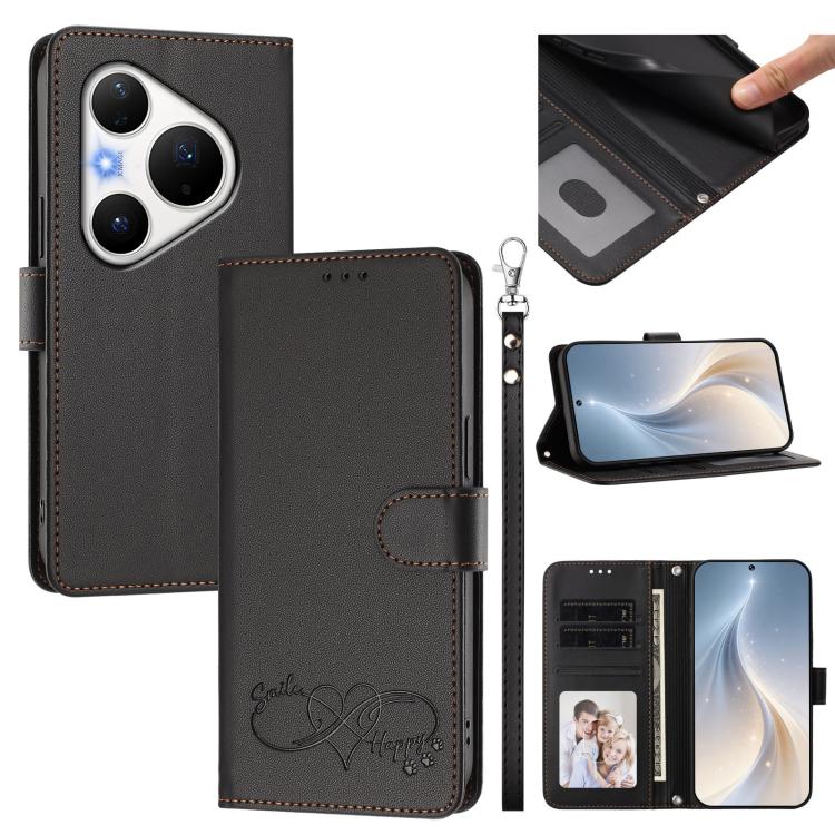 Happy Heart Pattern Magnetic Closure Vegan Leather Phone Case with Wrist Strap For Huawei Mate 60