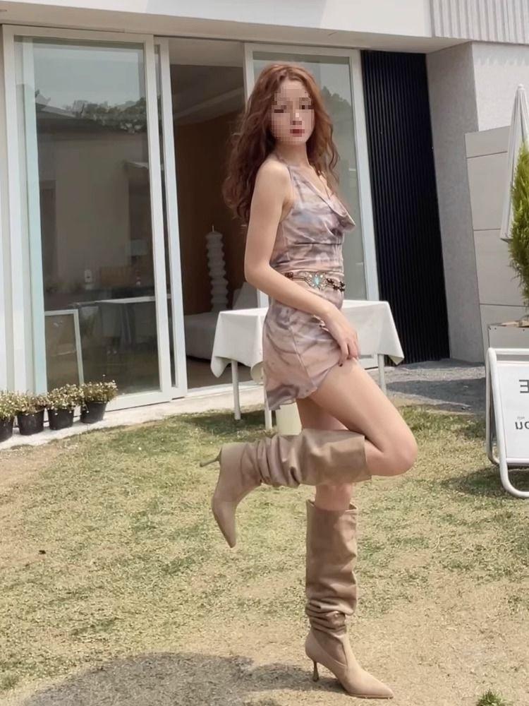 Женские сапоги с широким голенищем, облегающие сапоги с острым носком, абрикосовые сапоги большого размера, сапоги на тонком высоком каблуке, сапоги до колена на высоком каблуке