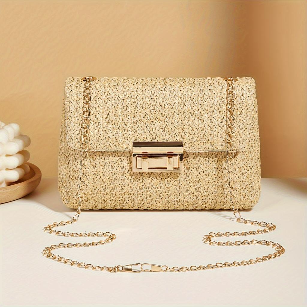 Casual Woven Handbag, Simple Solid Color, High-Quality Daily Fashion, Shoulder & Crossbody Bag with Chain Strap
