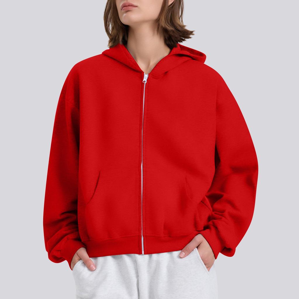 Женская однотонная свободная толстовка с капюшоном на молнии с длинным рукавом
