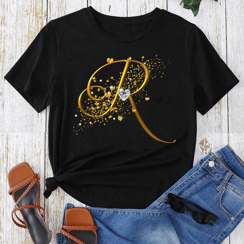 Топы с коротким рукавом с золотым шрифтом из комбинации букв с пользовательским именем, черная футболка, женские топы