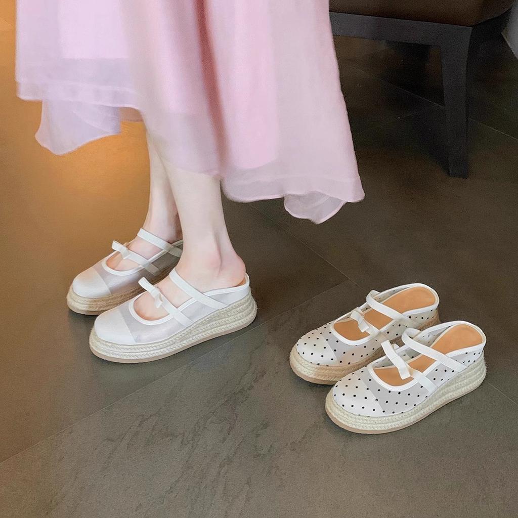 Виноградная мать, тот же стиль увеличивается на 7 см~ Сладкий гороховый бант двойное слово с сетчатыми соломенными сандалиями сумка головные тапочки