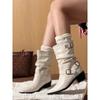 Sheepskin Version~ Pointed Thick Heel White Short Boots Women's 2025 New British Style Belt Buckle Thick Heel Temperament Martin Boots