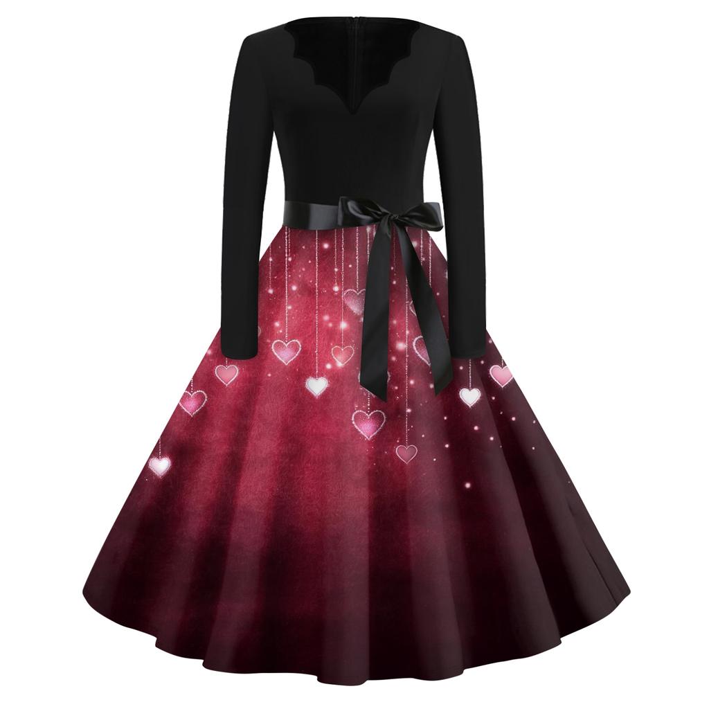 Платье-клеш с принтом для женщин, платье с длинным рукавом, ажурные платья для вечеринок и повседневной носки