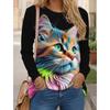 Женские футболки с принтом Cat 3D, желтые, красные, синие, с длинным рукавом, повседневные, выходные, модные, забавные, с круглым вырезом, стандартный крой, весна и осень