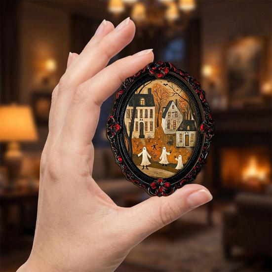 Halloween Seasonal Room Ornaments Wooden Refrigerator Magnets, Vintage Gothic Oval Frame Fridge Magnets with Witch Retro Photo Decor Ghost Castle Art,