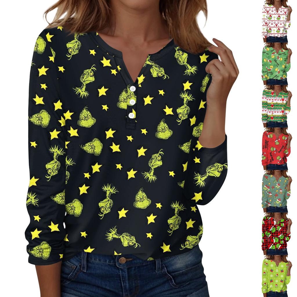 Women's Fashion Casual V-Neck Long Sleeve Decorative Button Christmas Print Top