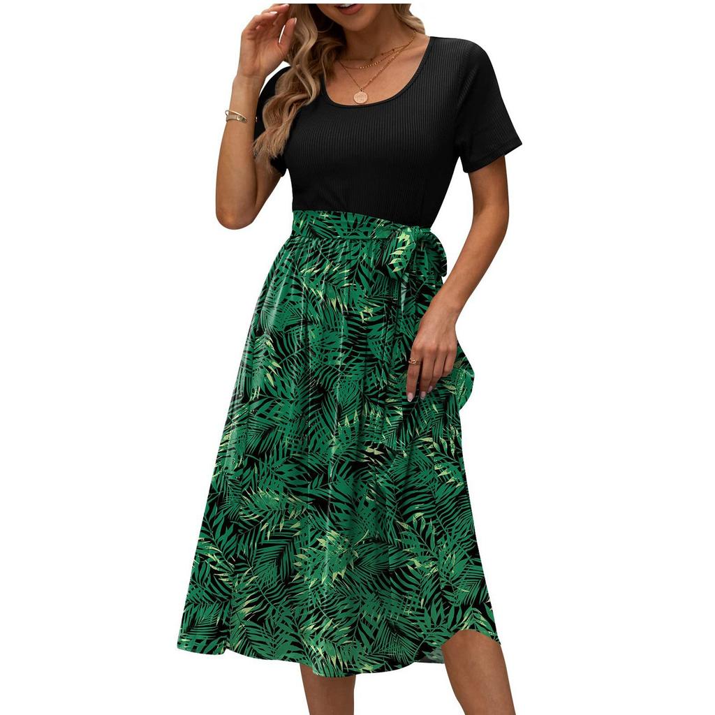 Платья миди, женское лоскутное платье с цветочным принтом, удобное повседневное вечернее платье с коротким рукавом и круглым вырезом