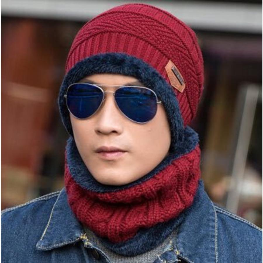 Korean Men's Hat Neck Scarf Sets Velvet Cycling Cover Warm Windproof Hat Winter Woolen Hats Two Piece Scarf Set