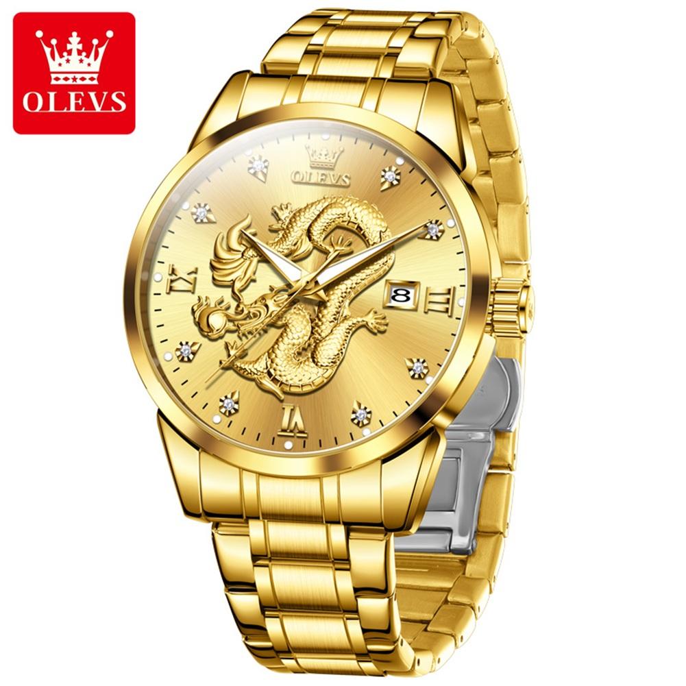 OLEVS Brand watch steel band three-dimensional dragon logo single calendar waterproof men's quartz watch 3619