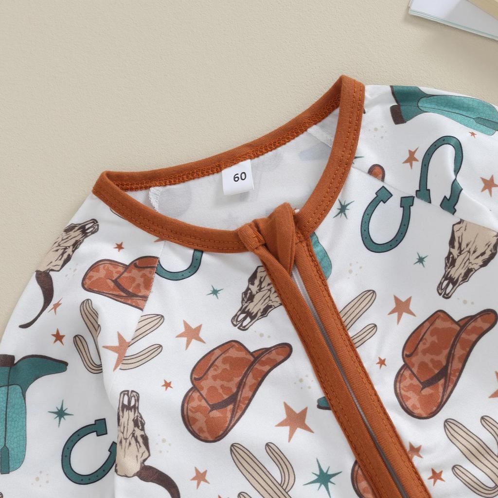 Baby Girls Fall Crewneck Romper 3M 6M 12M Long Sleeve Cattle Print Oblique Zipper Jumpsuit