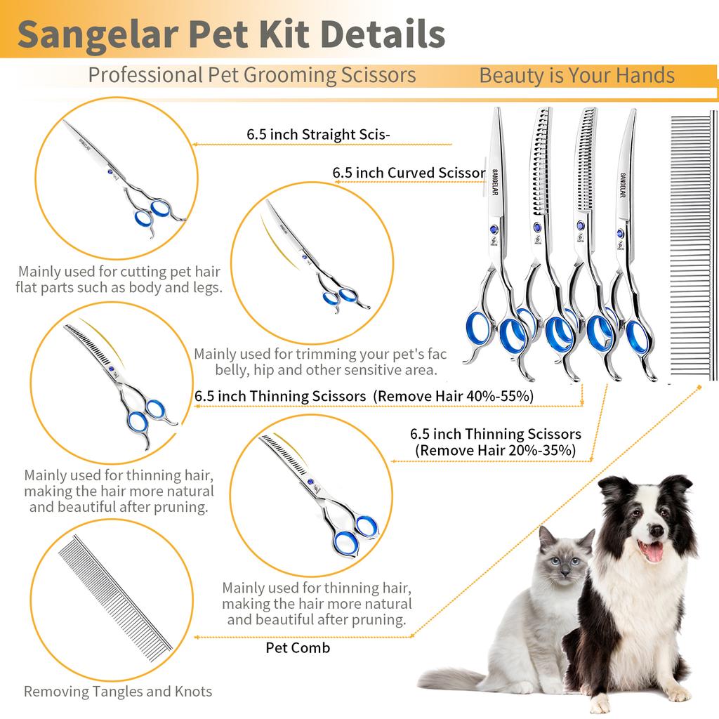 SANGELAR Профессиональный набор для ухода за домашними животными длиной 6,5 дюйма, прямые и изогнутые ножницы, 2 филировочных ножницы (20%-55%), Кровоостанавливающий зажим, расческа и премиум-кейс