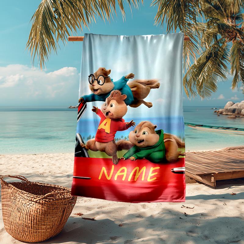 Custom Name Ultra-Soft Beach Towel with Alvin and the Chipmunks Theme,Ideal for Pool - Camping, Diving - Perfect Travel Essential, Vibrant Beach Towel