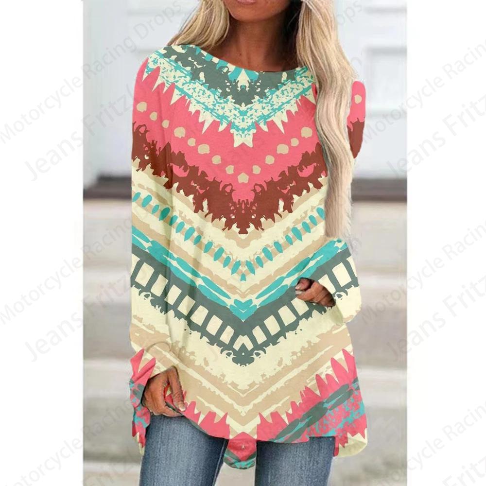 Футболки с европейским узором и 3D-принтом, женская модная футболка, туника с длинным рукавом, повседневные длинные топы, футболка с цветочным принтом, женская одежда y2K