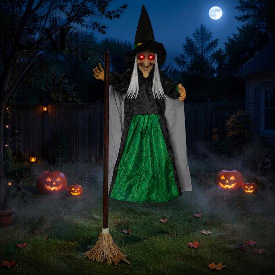 Animated Halloween Witch Decorations 180cm Props, Flying Decoration with Scary Sounds & Lights, Wicked Garden Ornaments for Yard Lawn, Haunted