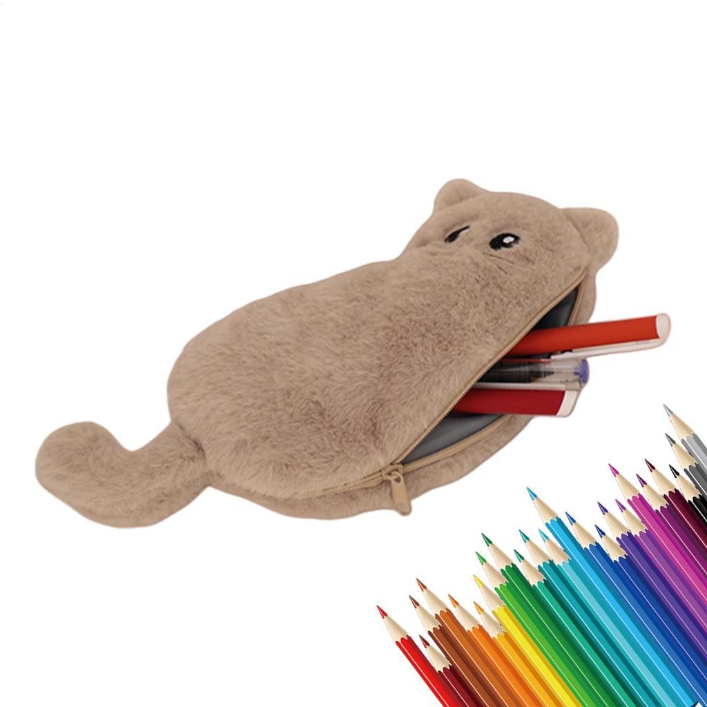 Pencil Case Cartoon Cat Shape Plush Pen Bag Large Capacity Lovely Plush Animal Pencil Organizer Case School Stationery Storage