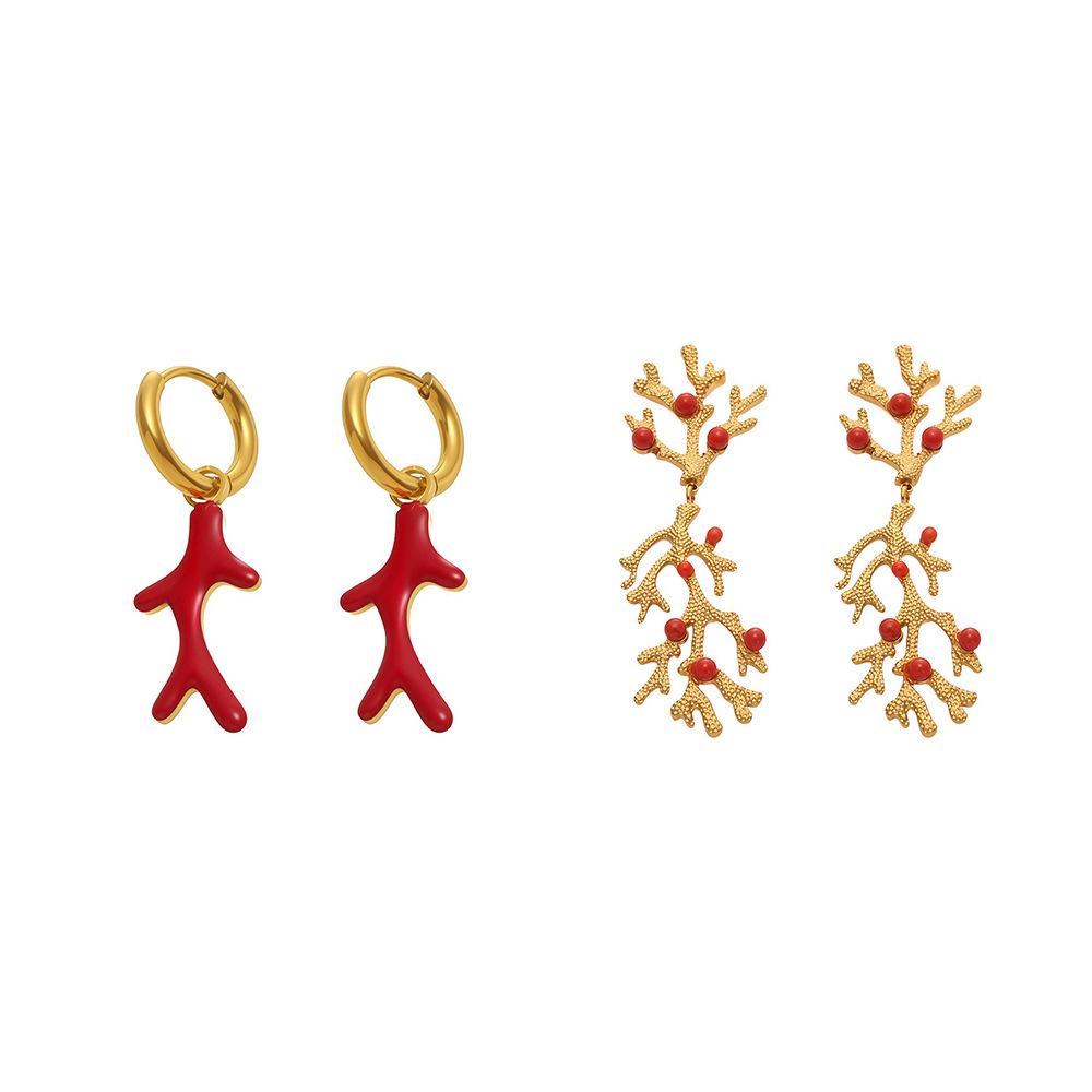Изящные серьги с кораллово-красными бусинами, покрытые 18-каратным золотом, из нержавеющей стали для женщин