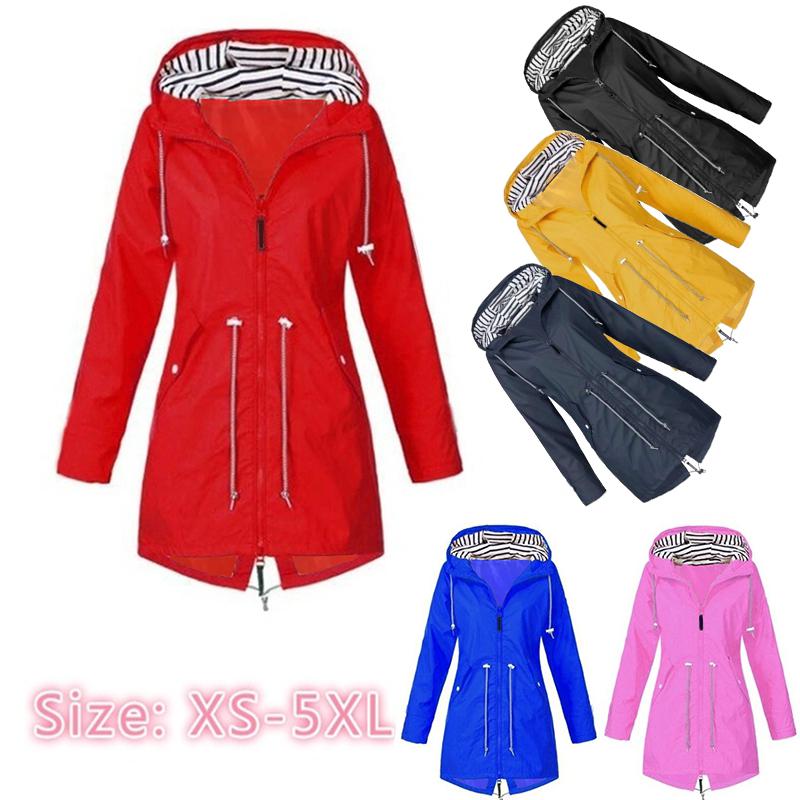 Women Solid Rain Jacket Outdoor Waterproof Hooded Windproof Loose Coat Plus Size Outwear