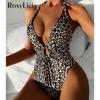 Sexy Leopard Printed Deep V Neck Women Swimwear One Piece Swimsuit Female Halter Monokini Bather Bathing Suit Swim Lady
