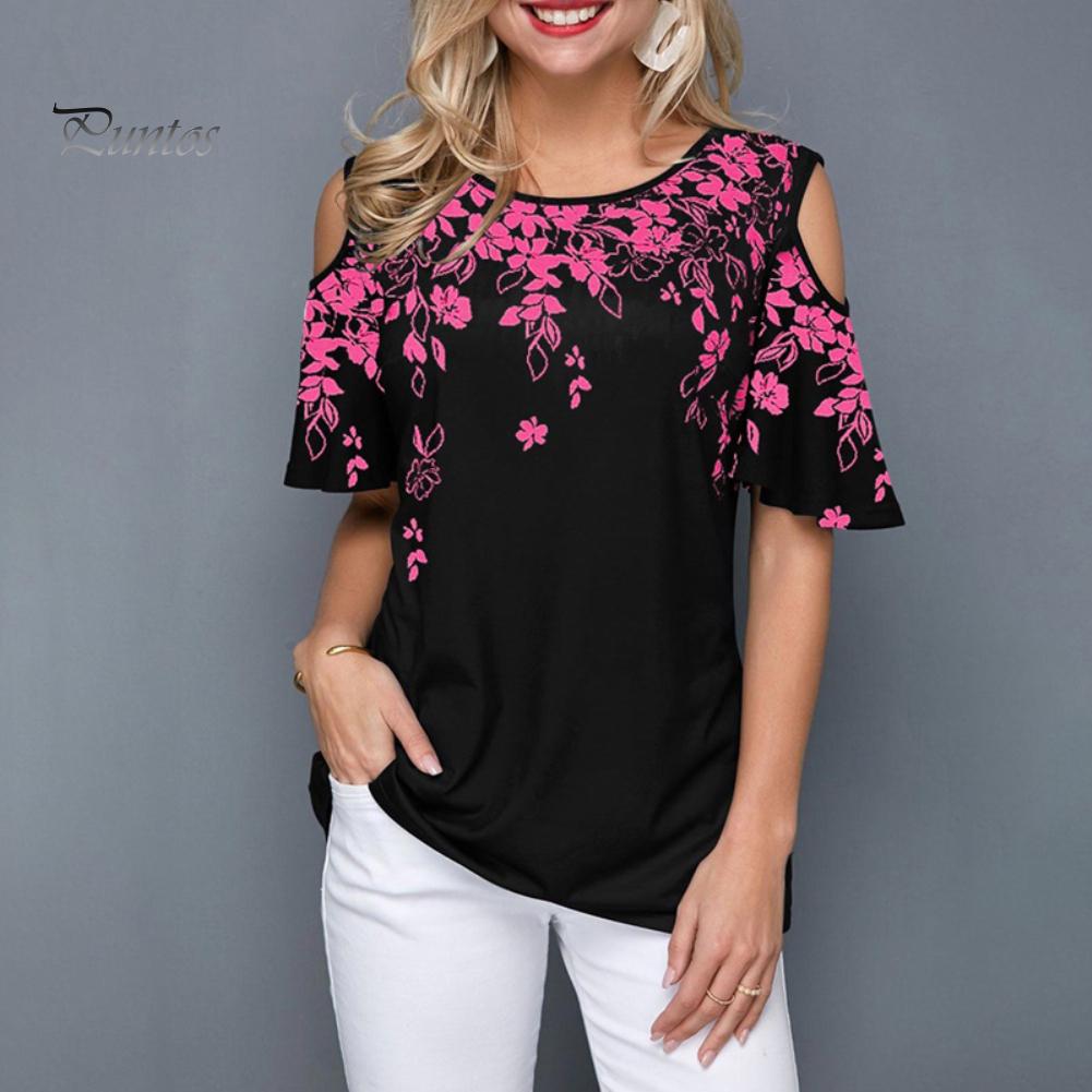 Женская сексуальная футболка с коротким рукавом с круглым вырезом и цветочным принтом, свободная футболка с открытыми плечами