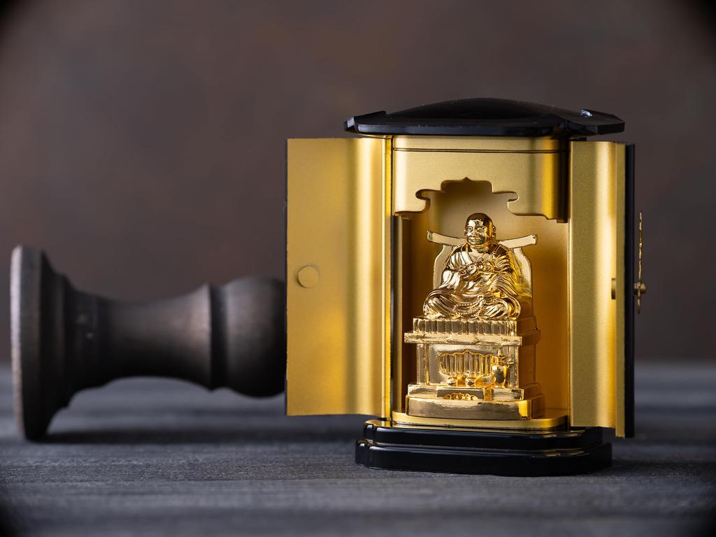 Buddhist Statue of Kobo Daishi (pure Gold Plated) In a PC Cabinet - "Shingon Sect" - Kukai, Takaoka Bronzeware (Kobo Daishi PCZ)