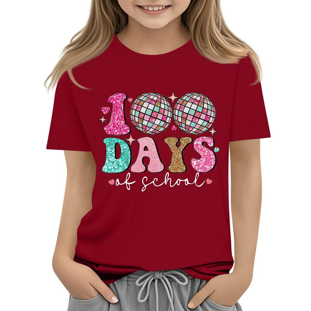 Happy 100th Day Of School Girls Boys Short Sleeve T Shirts Kids Tops Crewneck Tees