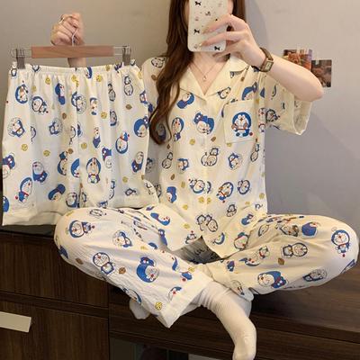Мультяшная пижама из облачного хлопка для девочки, женский летний милый комплект для дома с Дораэмоном, с коротким рукавом, из трех предметов
