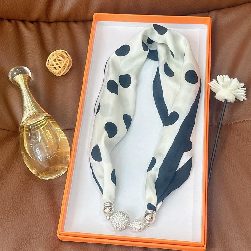 Silk Scarf Women's Spring, Autumn and Summer New Fashion Neck Protection Decoration Long Necklace Type Magnetic Buckle Scarf Small Scarf