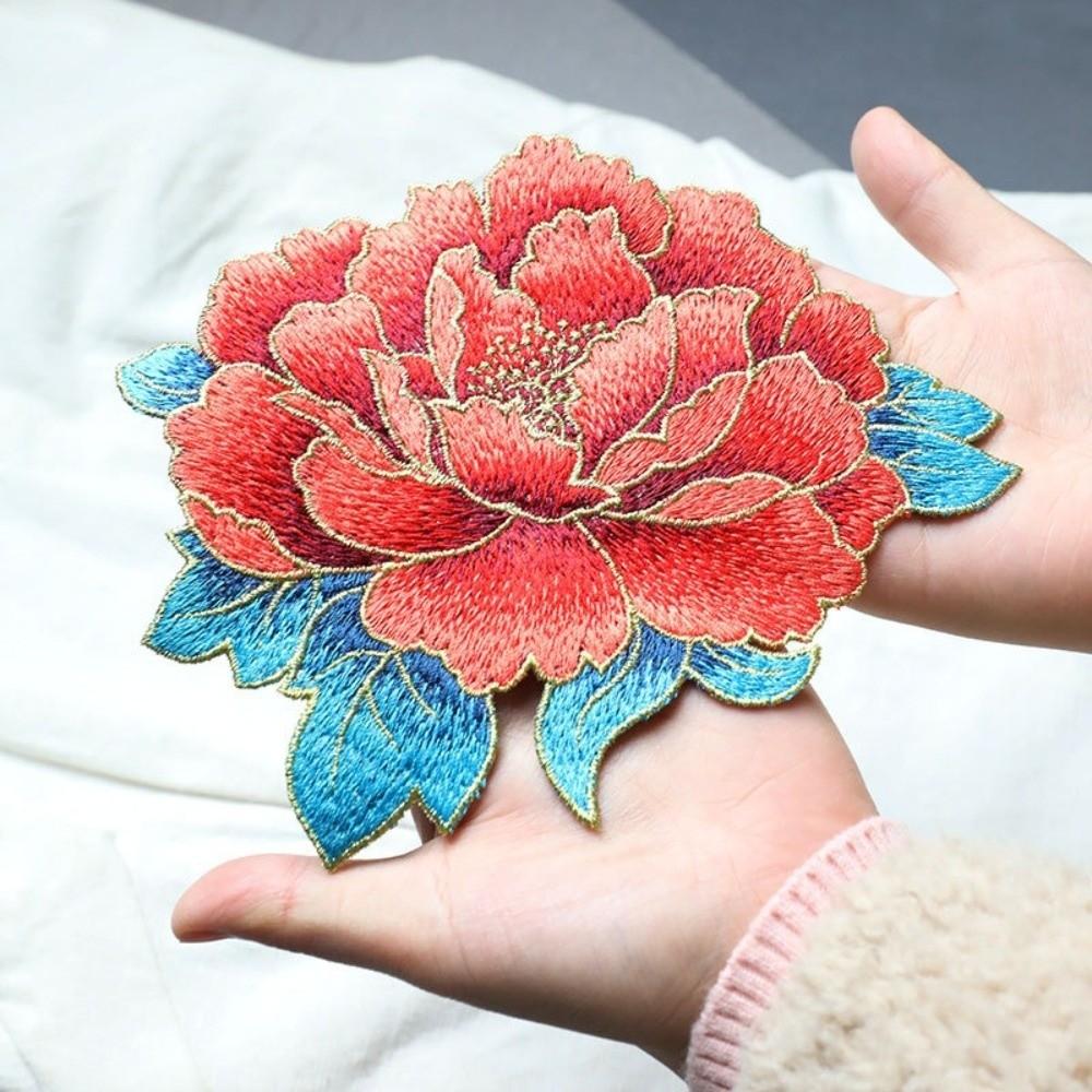 Chinese Style Peony Embroidery Patch Handmade Glue-free Applique Sew On Big Size Decorative Applique for Cheongsam Dress DIY