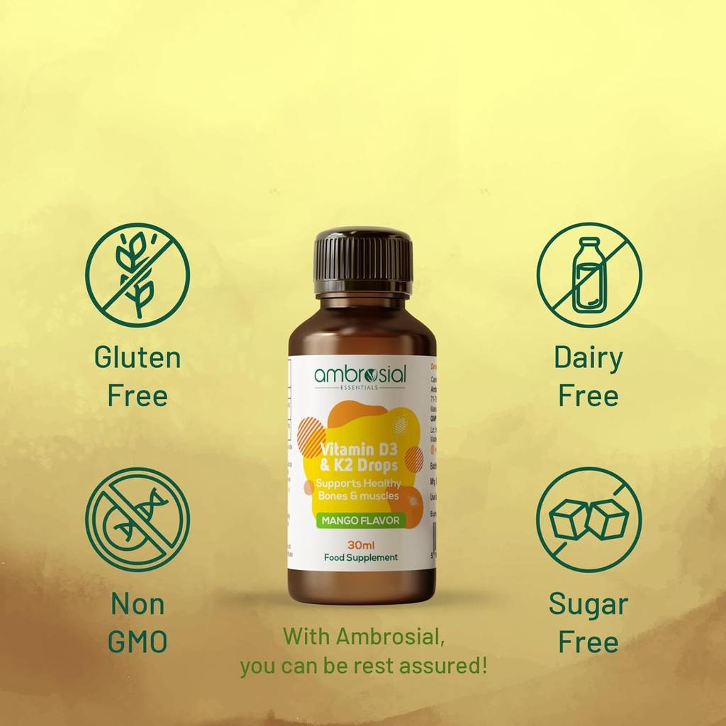Ambrosial Vitamin D3 K2 Drops Жидкая добавка для взрослых и детей | Вкус манго (Упаковка 1-30 мл)