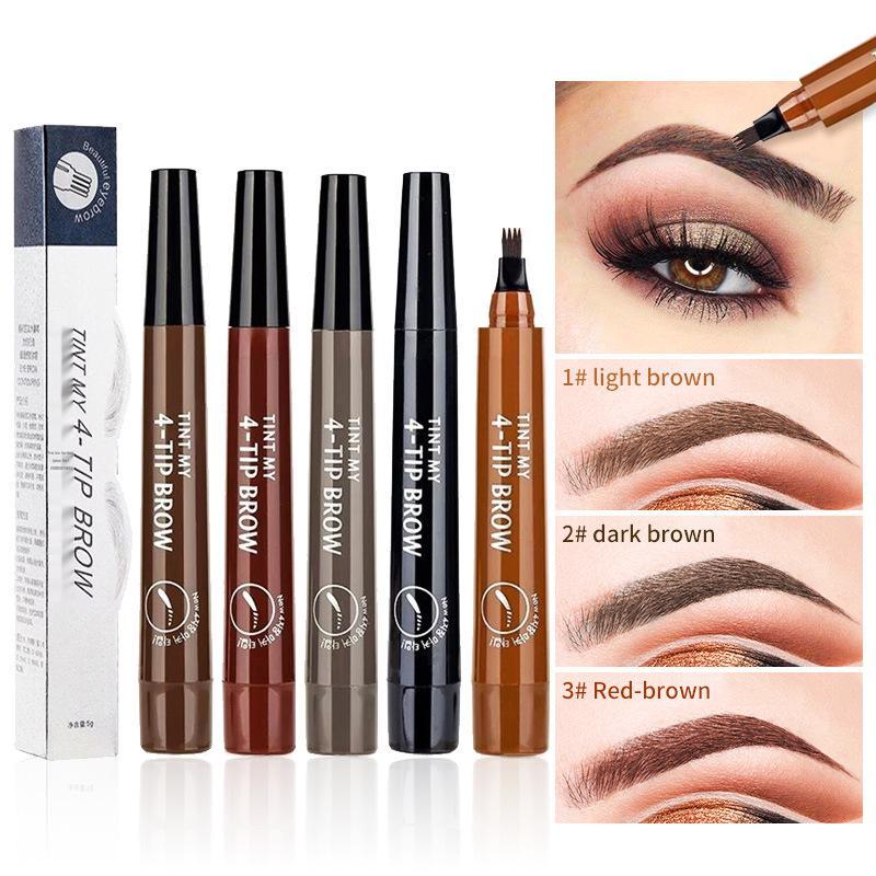 Bilingual Four-Prong Liquid Eyebrow Pen - Micro-Carved Korean Style, Long-Lasting, Sweatproof & Waterproof.
