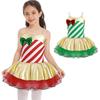 Child Christmas Costume Sleeveless Striped Print Sequins Adorned Dancewear Girls Tutu Leotards Dress