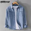 Retro Style Blue Denim Shirt Men Spring Streetwear Long Sleeve Jean Tops Cotton Pockets Button Up Shirt Men Clothing Youth Poplar Casual Tops