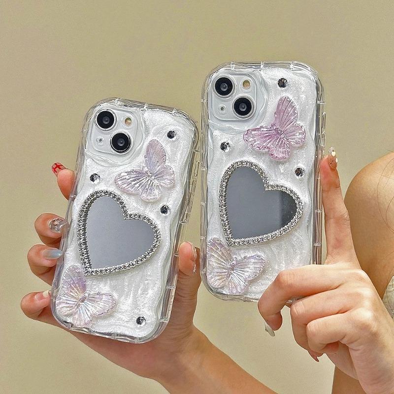 Diamond Bling Glitter Butterfly 3D Phone Case For iPhone 14 13 12 11 15 Pro Max X XR XS Silicone Love Heart Makeup Mirror Cover