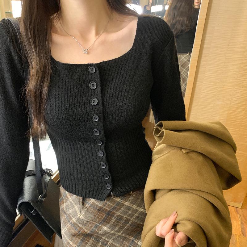 Женский облегающий вязаный кардиган - квадратный воротник, длинный рукав, короткая талия для осени/зимы