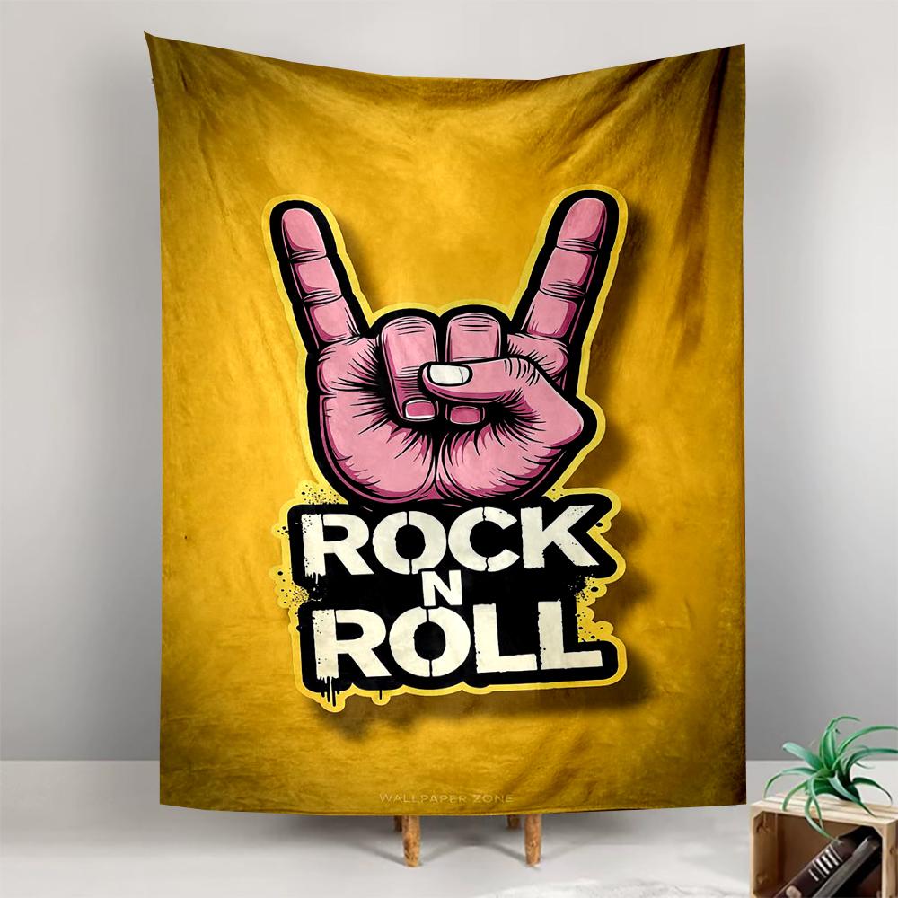 Tapestry Rock N Roll Pink Horns Hand Cartoon Yellow Music Poster Wall Hanging for Rock Music Lover Bedroom Decor