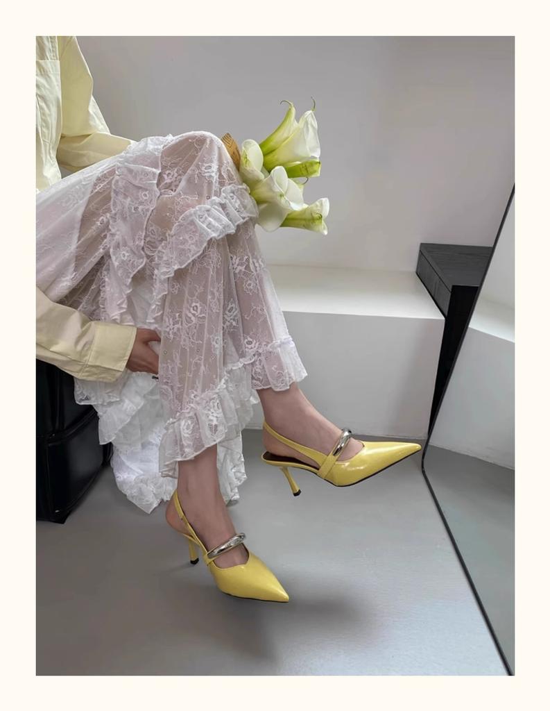 Туфли на шпильках с острым носком и сумкой на голове женские босоножки весна-лето 2025 новые металлические резинки сзади пустые красивые одинарные туфли женские