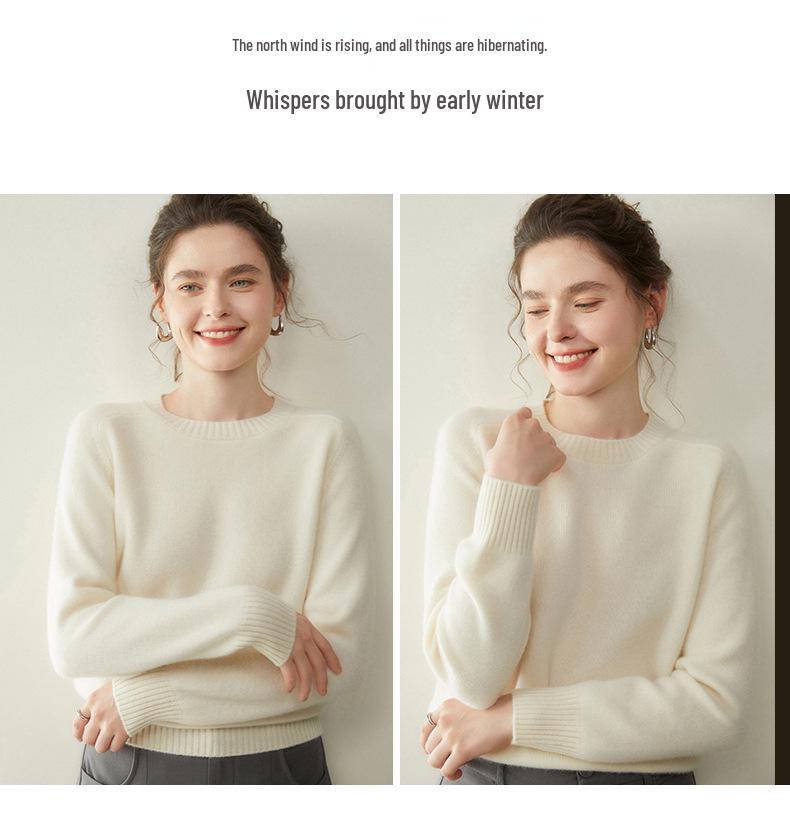 Женский кашемировый свитер с круглым вырезом - Коллекция Осень/Зима 2025, Реглан, Утепленный, Однотонный, Свободный крой, Стройнящий вязаный базовый.