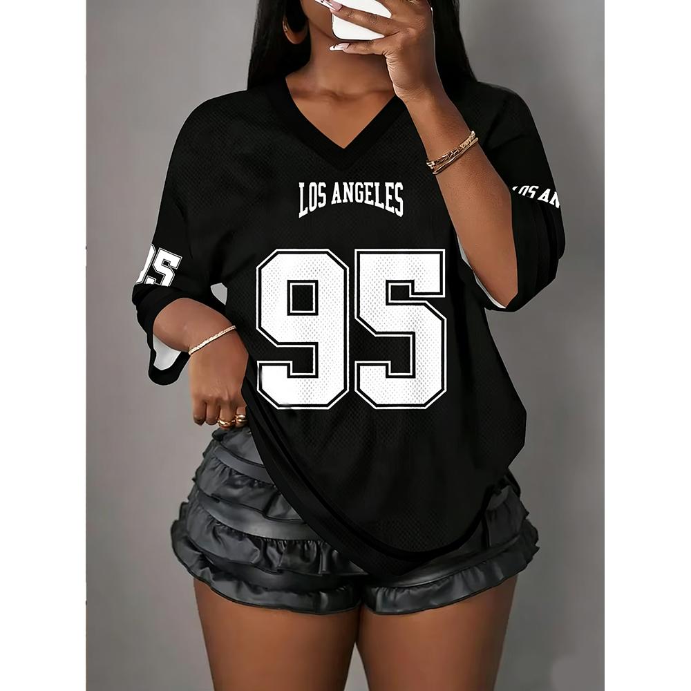 2026 Spring/Summer Women's Casual Sports Style Los Angeles Printed Letter NO.95V Collar Basketball Game Y2k Women's T-shirt Top