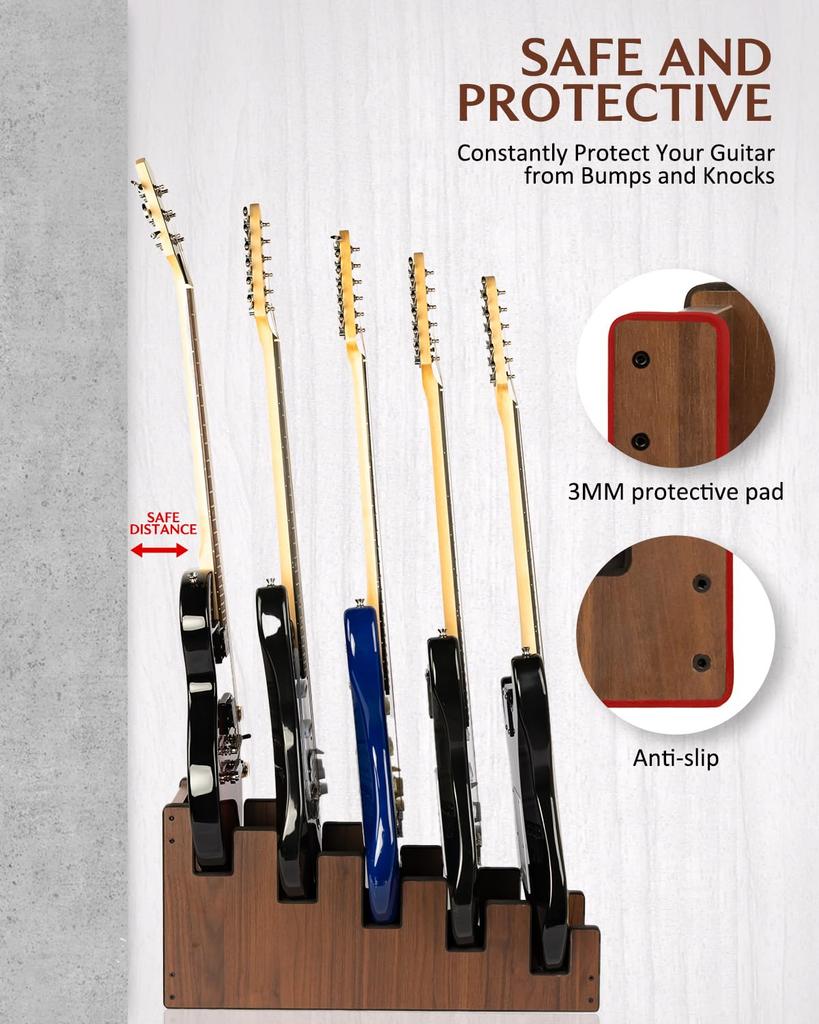 STRICH Wooden Guitar Front Stand for and Stage Walnut Color 5 L-5EW Floor-Mounted Stand, 5-Guitar Capacity, Display, Space-Saving, Multi-Guitar Home,
