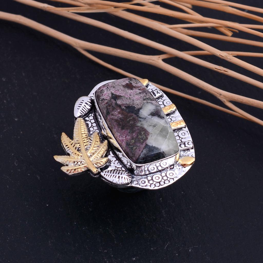 Ruby Fuchsite Lab-Created 925 Sterling Silver Two Tone Ring Size 8.5 E3b09