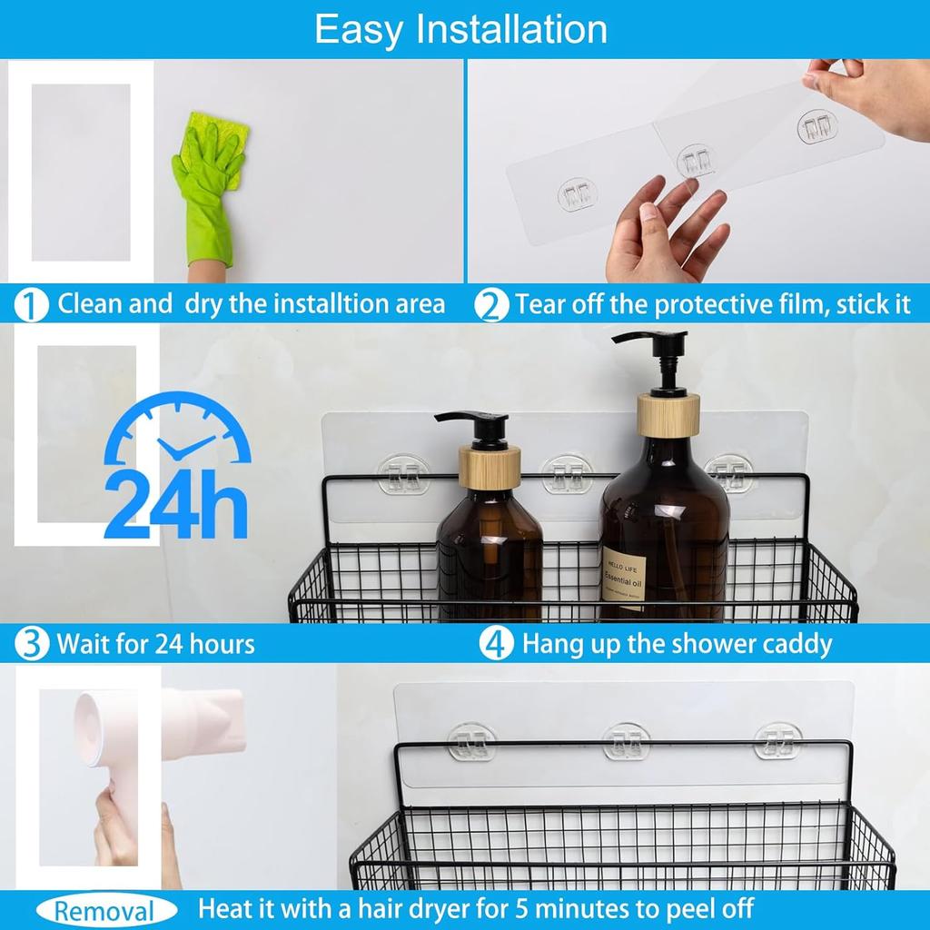 15 Pack Shower Caddy Adhesive Replacement, No Drilling Shower Shelf Adhesive, Strong Caddy Sticker Hooks Replacement for Showers Shelves and Kitchen