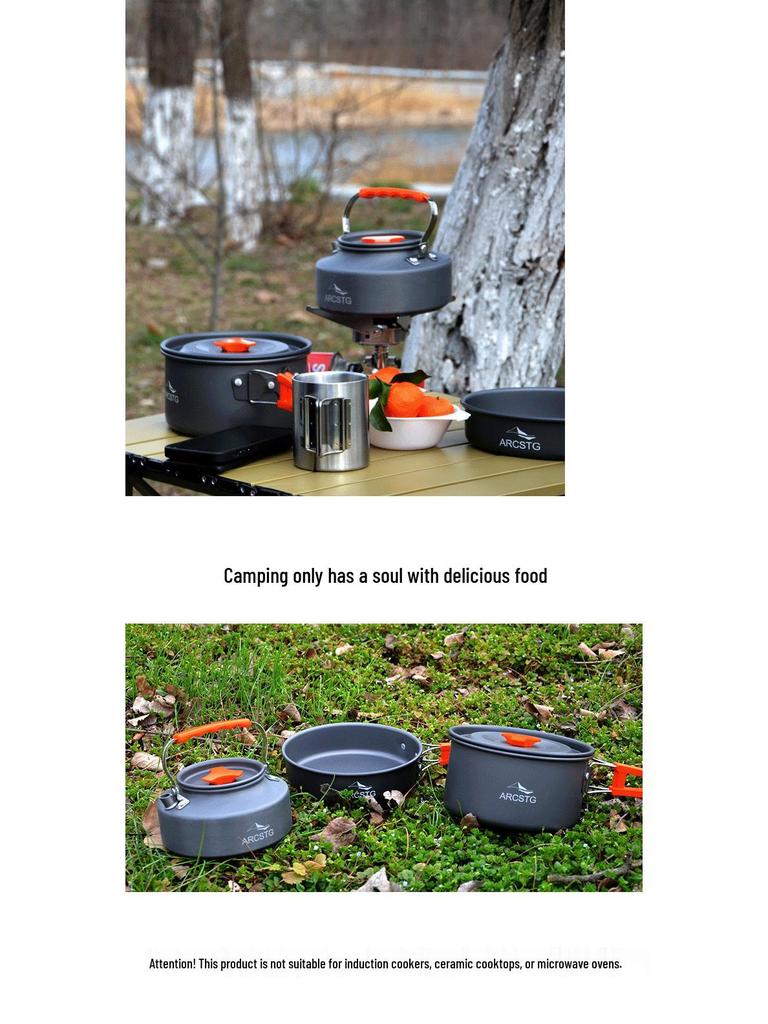 Набор походной посуды ARCSTG: Портативный походный чайник, сковорода и посуда для приключений в дикой природе.